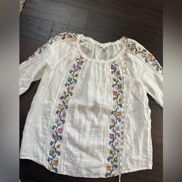 J Jill linen embroidered flowy whimsical white floral blouse size L luxury chic - Picture 4 of 9